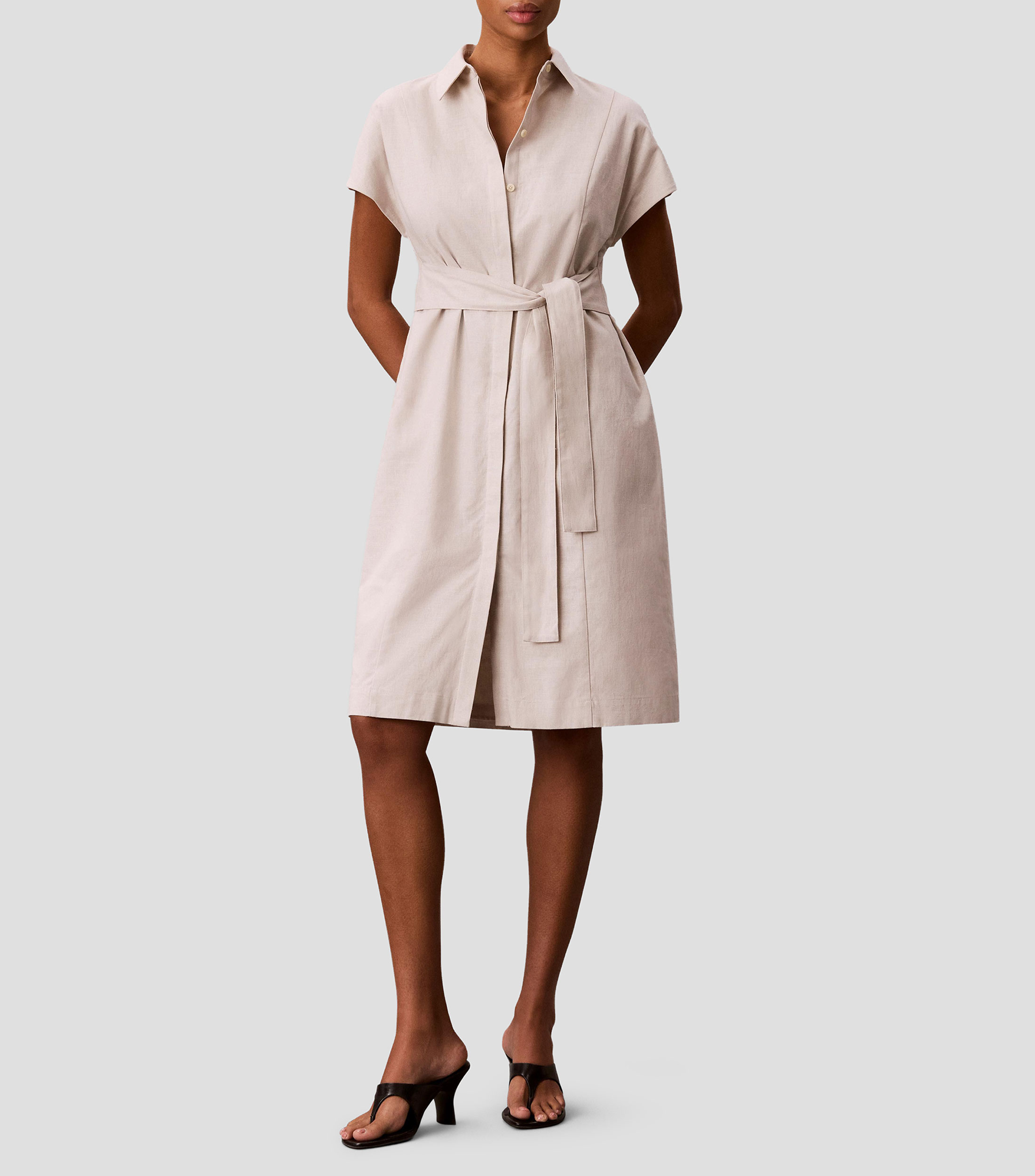 Vestido midi manga corta liso Mujer